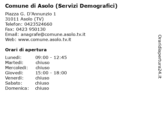 Orari di apertura Comune di Asolo Servizi Demografici